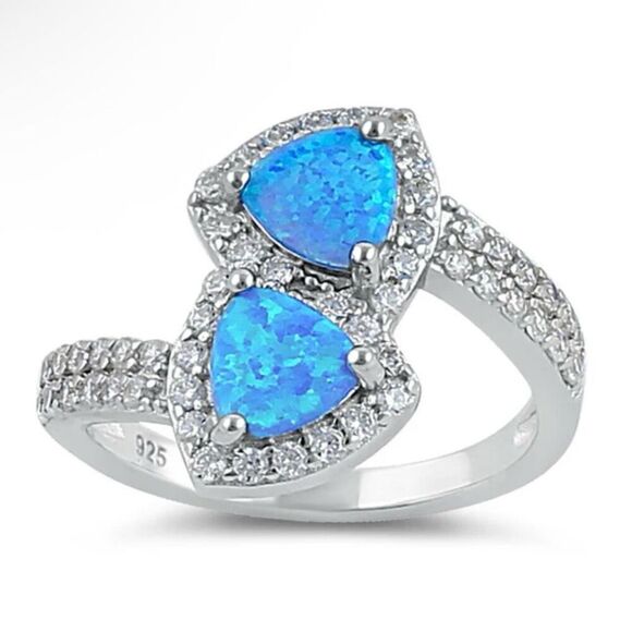 Sterling Silver Blue Lab Opal Double Trillion Ring | CZ Halo | New - Picture 1 of 5